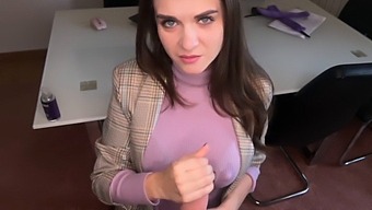 Seductive Stepmother Entices Stepson In Office, Revealing Her Luscious Breasts And Giving Him A Sensual Handjob